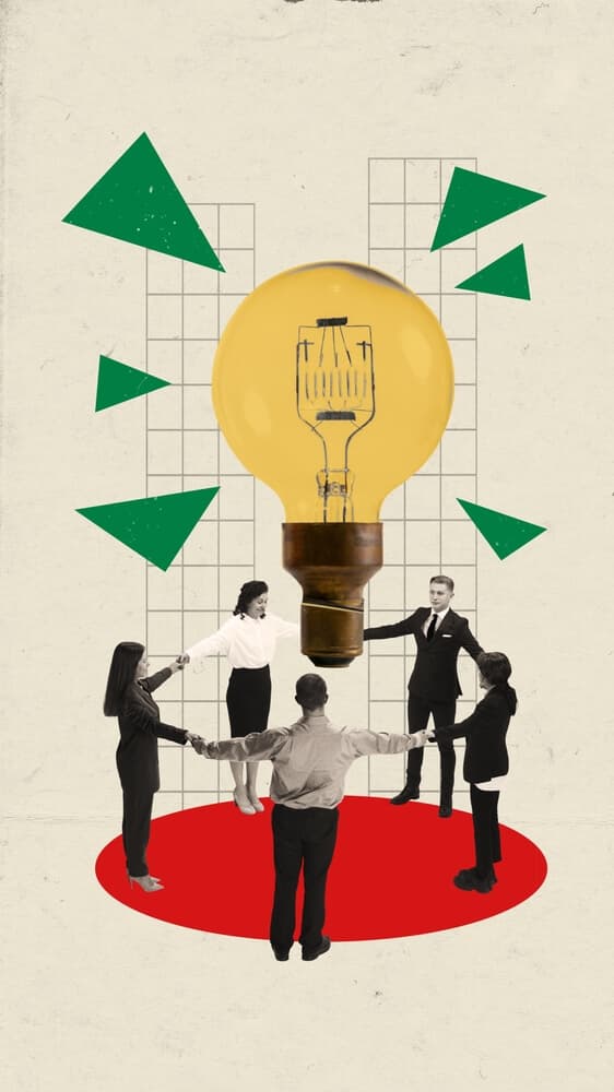 circle of people surrounding a bright lightbulb, signifying a shared bright idea